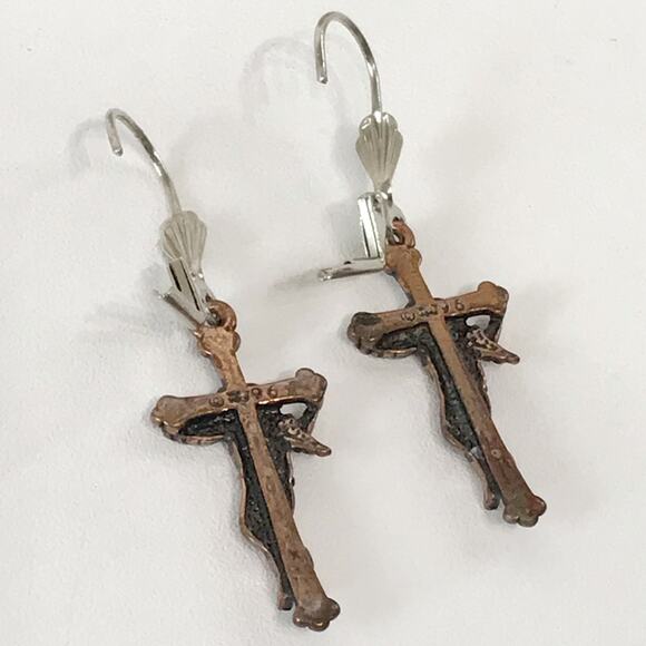 Artist Signed J96 Etched Copper Cherub Angel on Cross Drop Earrings - Picture 9 of 12